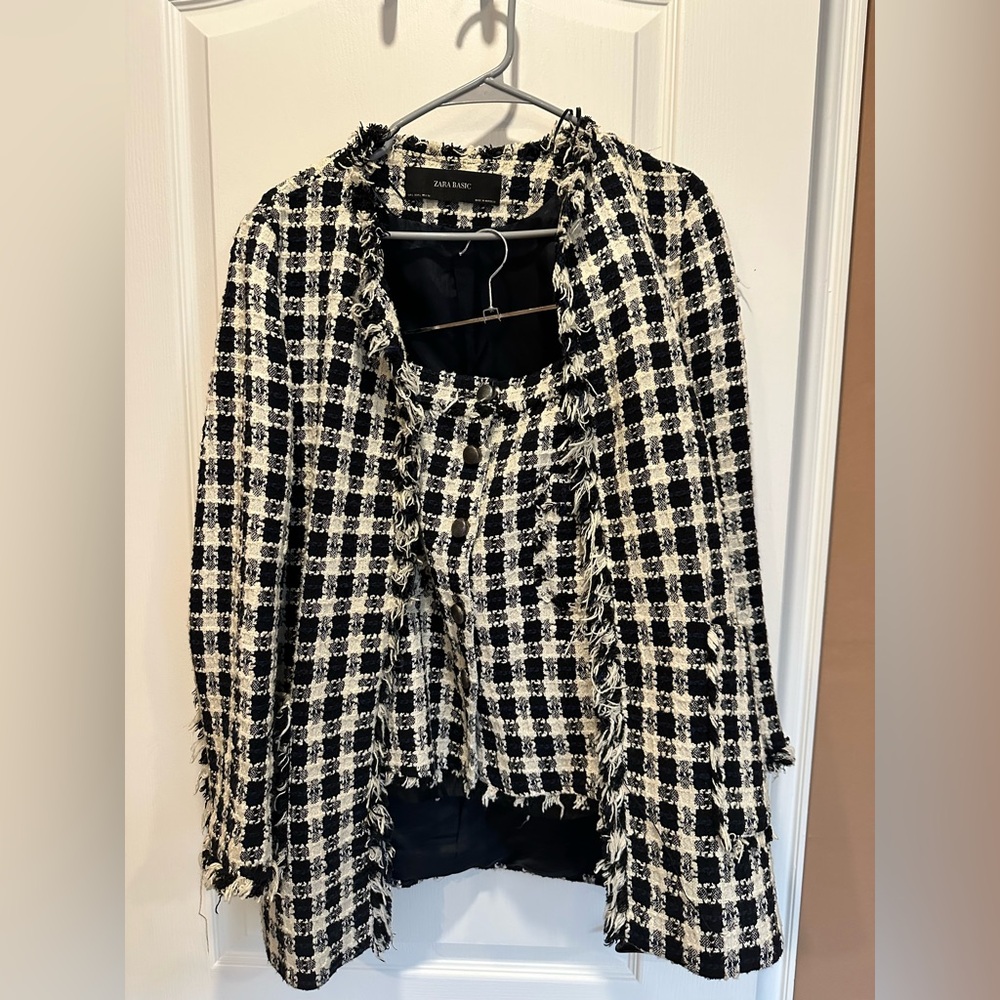 ZARA Basic Black & White Boucle Skirt Suit Set | Size L | Blazer + Skirt